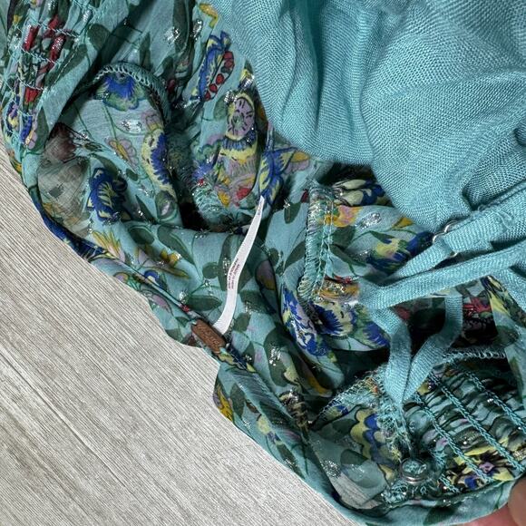 Free People Metallic Floral Midi Dress XS Puff Sleeve Light Blue Lined Oversized - Picture 5 of 9